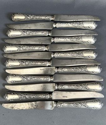 six couteaux en métal argenté sont alignés en rang sur une table