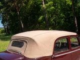 a red car with a tan top parked in the grass