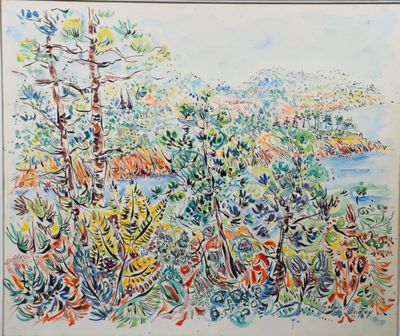 une image représentant un tableau représentant un paysage avec des arbres et de l'eau