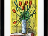 tableau représentant des tulipes rouges dans un vase bleu sur fond jaune