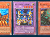 three different cards of different colors and designs on a blue background