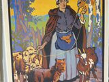 affiche représentant une femme avec des chiens et des chats devant un arbre