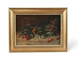 une peinture à l'huile représentant des cerises dans un saladier en verre posé sur une table