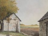a painting of a farm scene with a windmill in the foreground