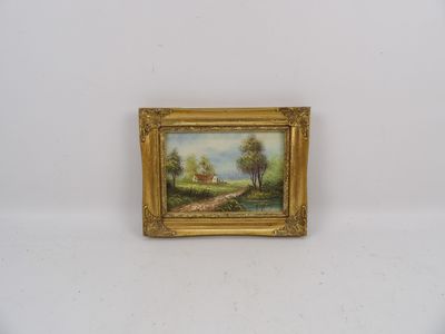 peinture à l'huile miniature représentant une scène champêtre avec une maison et un ruisseau