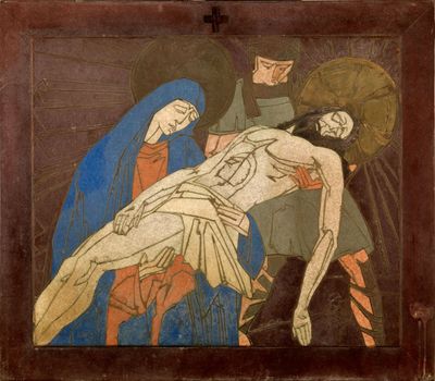 an image of a painting of jesus on the cross with other people