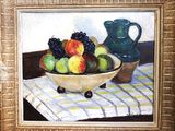 a painting of a bowl of fruit on a table