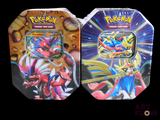 pokemon trading card game tins are displayed on a black background