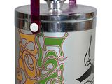 a silver container with a purple handle and a design on it