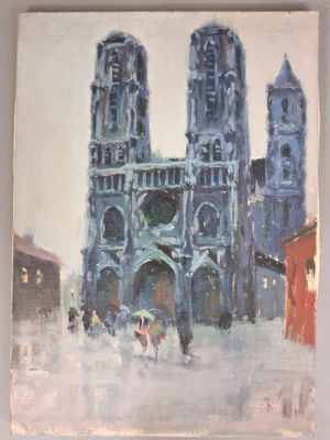 an oil painting of a church with a clock tower on it