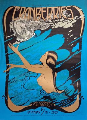 a blue poster with a woman swimming in a body of water