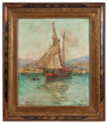 a painting of a sailboat in the water with a sky background