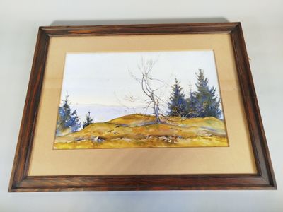 framed watercolor painting of a landscape with trees on a hill
