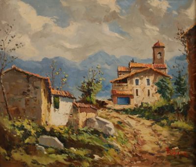 an oil painting of a house on a hill with a mountain in the background