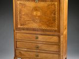 an image of a wooden cabinet with drawers and a marble top