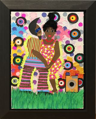 a painting of a woman in a colorful dress holding a musical instrument