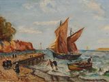 a painting of a boat on the water near a pier