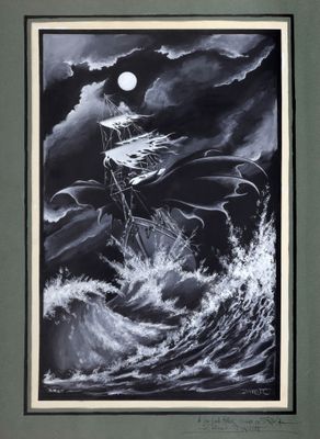 painting of a ship in a stormy sea with a full moon in the background