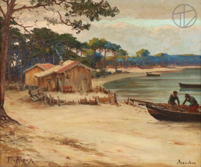 tableau représentant deux hommes dans un bateau sur une plage au bord d'un plan d'eau