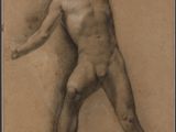 drawing of a male nude standing in a pose with his hands behind his head