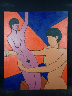 un tableau représentant deux nus devant un fond rouge et bleu