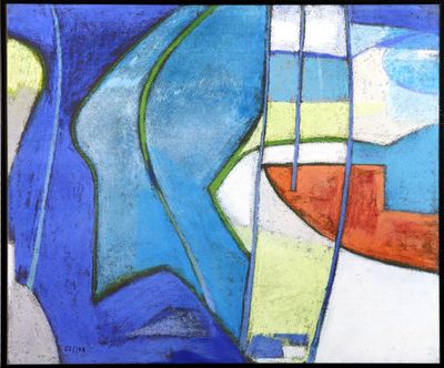 peinture abstraite composée de formes bleues, vertes, jaunes et rouges