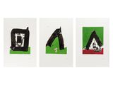 trois reproductions de tableaux noirs et verts sur fond blanc