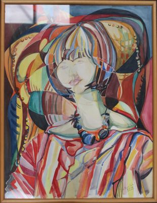 painting of a woman in a colorful chair with a necklace on her neck