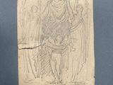 an old drawing of a man holding a sword in his hand