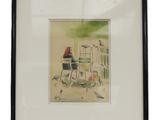 aquarelle encadrée représentant une femme assise à une table en compagnie d'oiseaux