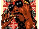 une image représentant une affiche sur laquelle figure un homme portant des lunettes de soleil et tenant une cigarette