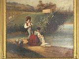 tableau représentant un couple et un chien au bord d'une rivière, avec une maison en arrière-plan