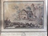 painting of a village scene with a windmill and a man on a horse