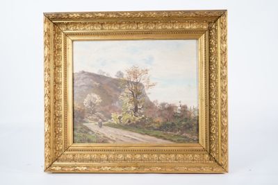 École du XIXe siècle Femme sur un sentier Huile sur toile