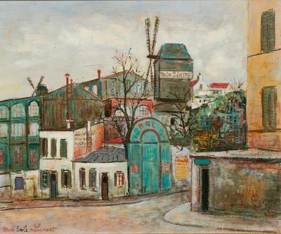 une peinture à l'huile d'une scène de rue avec des bâtiments et une tour d'horloge