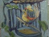 une peinture représentant un nichoir orné de fleurs et d'un oiseau