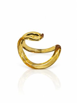 a close up of a gold snake ring on a white background