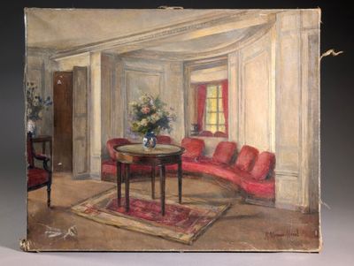 tableau représentant un salon avec des canapés rouges et une table ronde