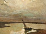 painting of a boat in a body of water on a cloudy day