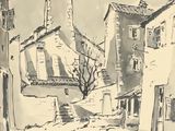 drawing of a street scene with a church steeple in the background