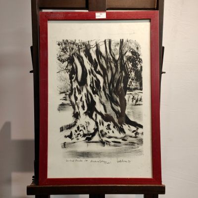 a black and white drawing of a tree in a red frame