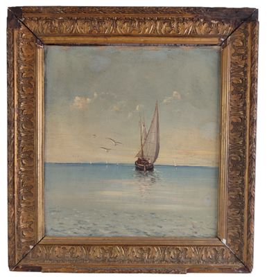 une peinture à l'huile représentant un voilier en mer, avec des oiseaux qui passent dans le ciel