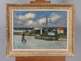 an oil painting of a sailboat in a harbor with a house in the background