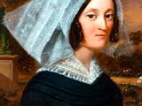 portrait of a woman in a blue bonnet and black dress