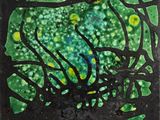 a painting of a tree with green leaves and yellow dots on it