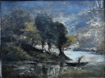a painting of a boat on the water by a tree