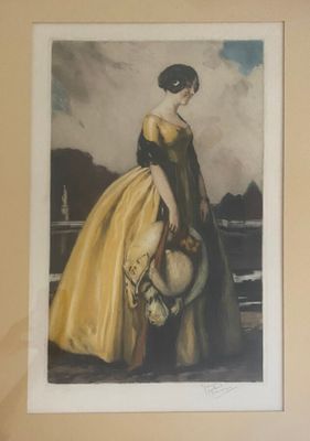 painting of a woman in a yellow dress holding a hat