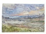 watercolor painting of a landscape with a river and mountains in the distance