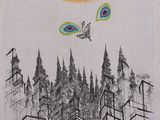 un dessin représentant un oiseau survolant une forêt, avec le soleil en arrière-plan