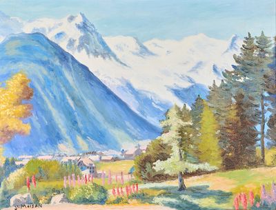 peinture représentant un tableau représentant un paysage de montagne avec des arbres et des fleurs